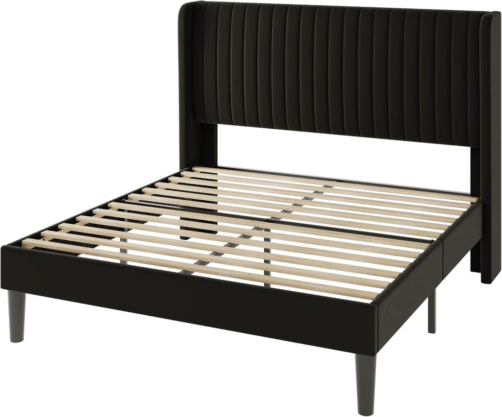 Allewie Queen Size Velvet Bed Frame/Vertical Channel Tufted Wingback Headboard/Upholstered Platform Bed/Strong Wooden Slats/No Box Spring Needed/Easy Assembly/Black