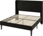Allewie Queen Size Velvet Bed Frame/Vertical Channel Tufted Wingback Headboard/Upholstered Platform Bed/Strong Wooden Slats/No Box Spring Needed/Easy Assembly/Black