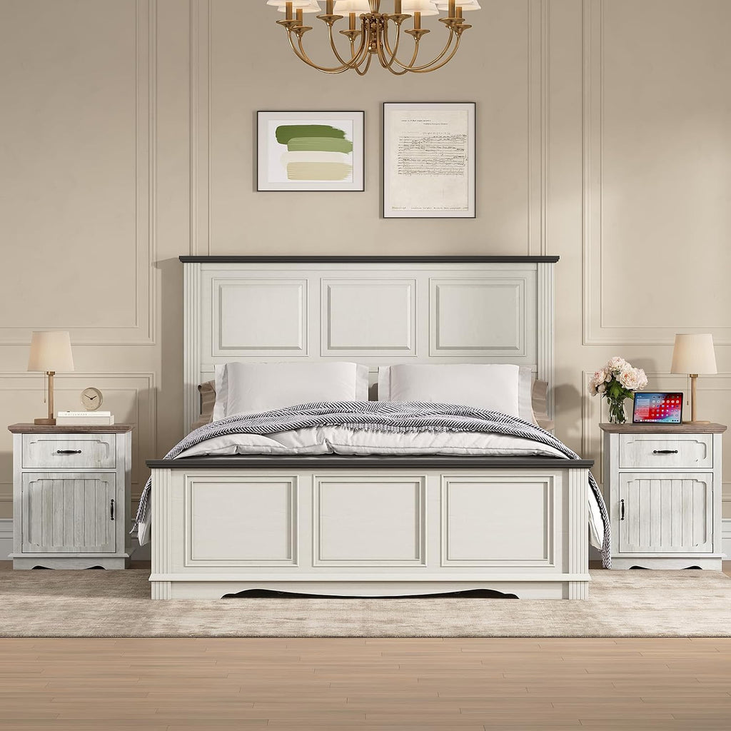 Halitaa Nightstands Set of 2 with Charging Station, White Oak | Bedside Table with Large Drawer, Side Table with Storage Cabinet and Adjustable Shelf, Farmhouse End Table for Bedroom