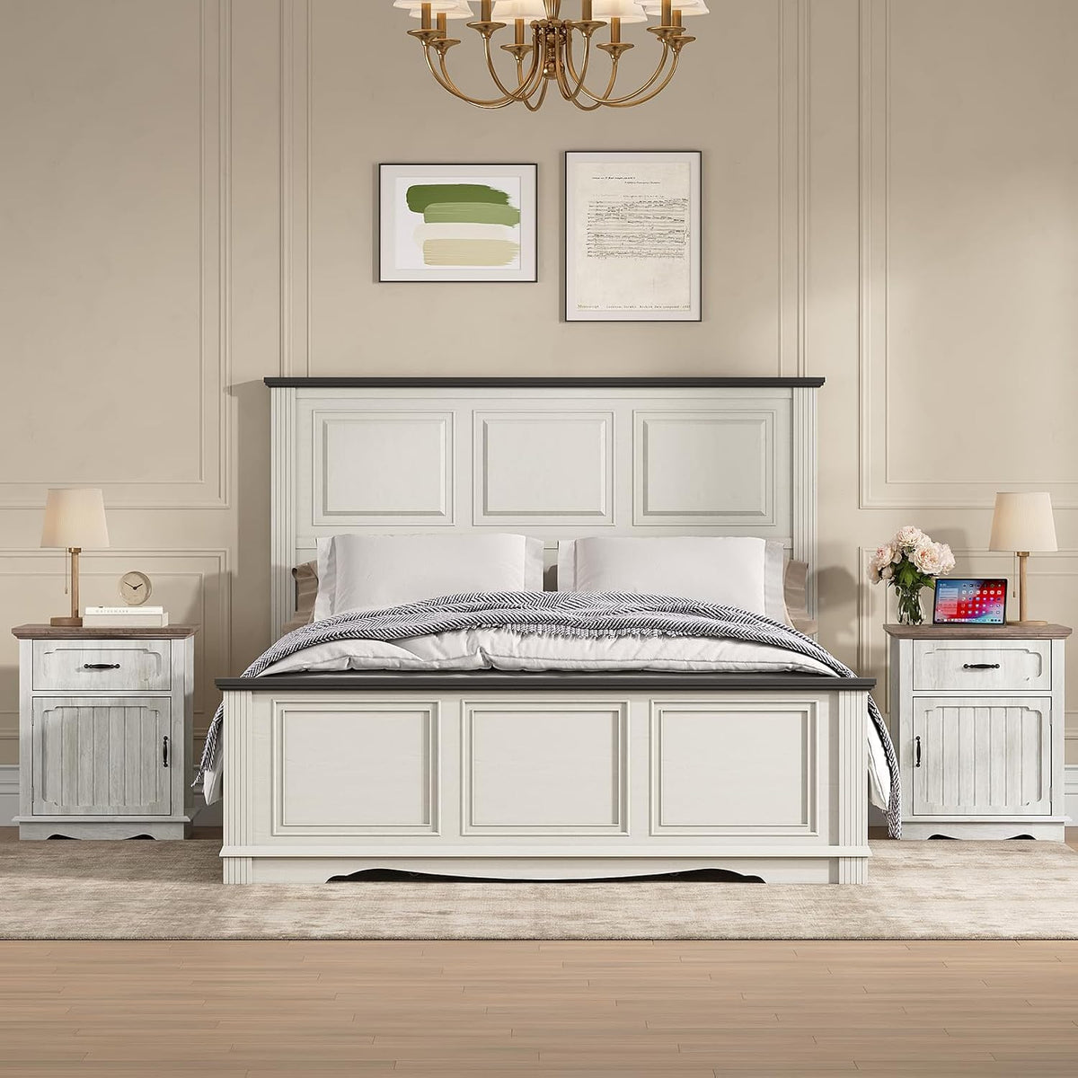 Halitaa Nightstands Set of 2 with Charging Station, White Oak | Bedside Table with Large Drawer, Side Table with Storage Cabinet and Adjustable Shelf, Farmhouse End Table for Bedroom