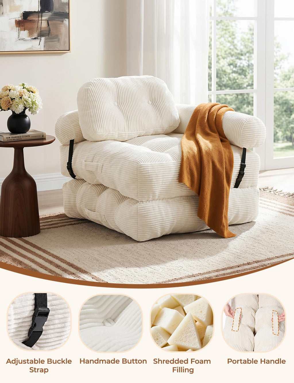 Folding Sofa Bed, L-Shaped Couch Back Support and Arm Pillow Futon | Convertible Sofa Bed for Living Room/Guest Use/Home Office, Foldable Couch for Adults, Beige
