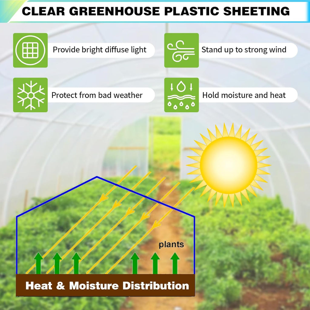 8Ftx10Ft Clear Greenhouse Plastic Covering, 16Mil Thickness Heavy Duty Clear tarp for Chicken coop, Greenhouse Plastic sheeting with Hemmed Edges & preinstalled Grommets.
