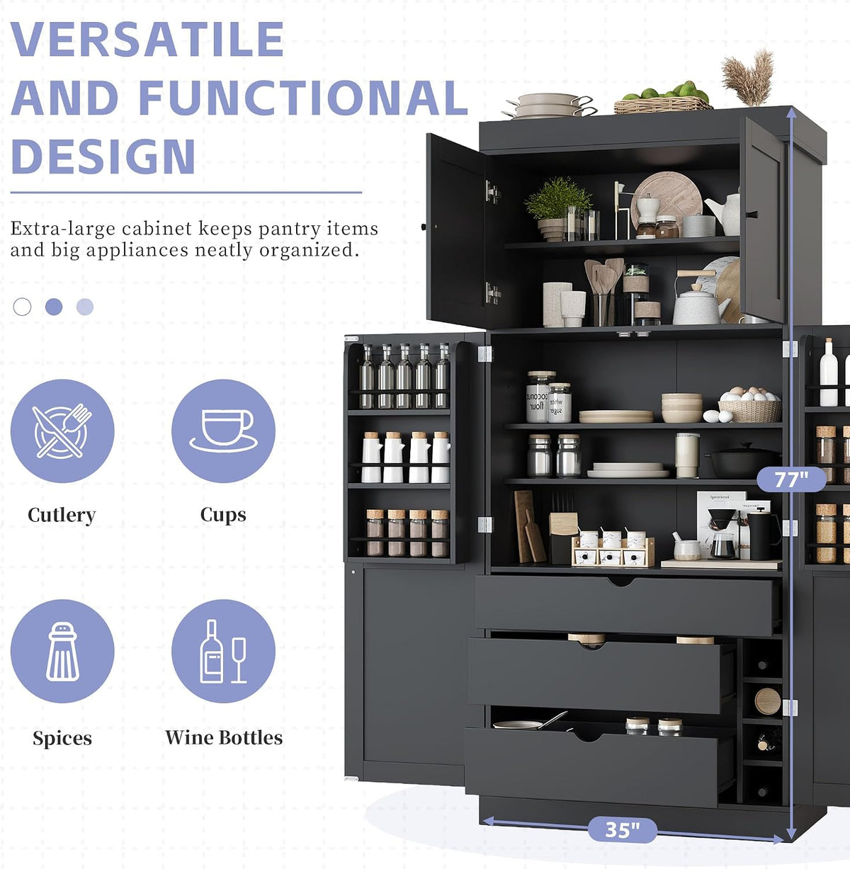 77'' Tall Freestanding Kitchen Pantry, Kitchen Storage Cabinets with Adjustable Shelves, Door Shelves, Drawers and Wine Racks, Versatile Cupboard for Dining Room, Living Room,Grey