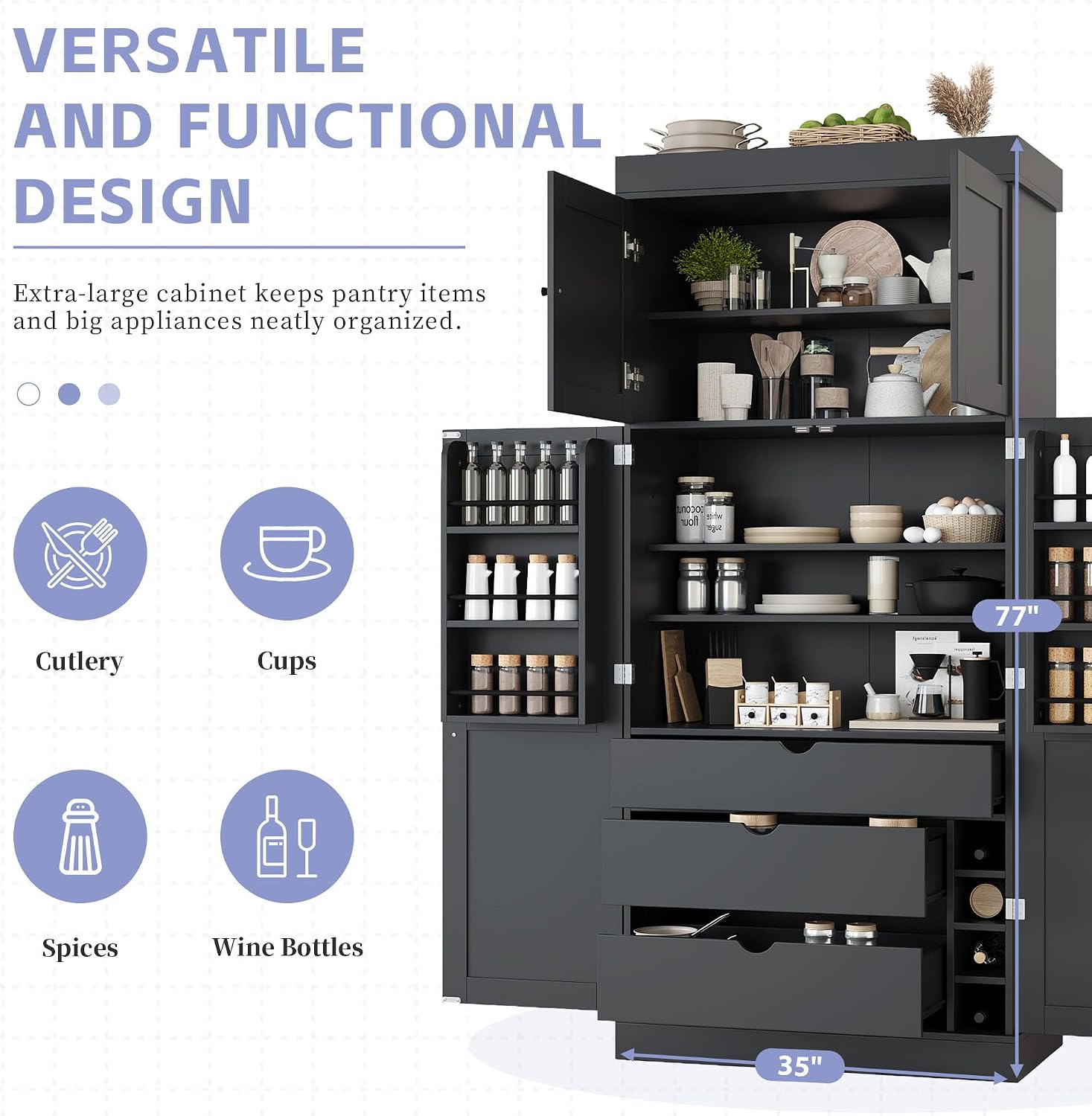 77'' Tall Freestanding Kitchen Pantry, Modern Cupboard Storage with Adjustable Shelves,Door Shelves, Drawers and Wine Racks,for Dining Living Room (Grey-A)
