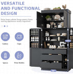 77'' Tall Freestanding Kitchen Pantry, Modern Cupboard Storage with Adjustable Shelves,Door Shelves, Drawers and Wine Racks,for Dining Living Room (Grey-A)
