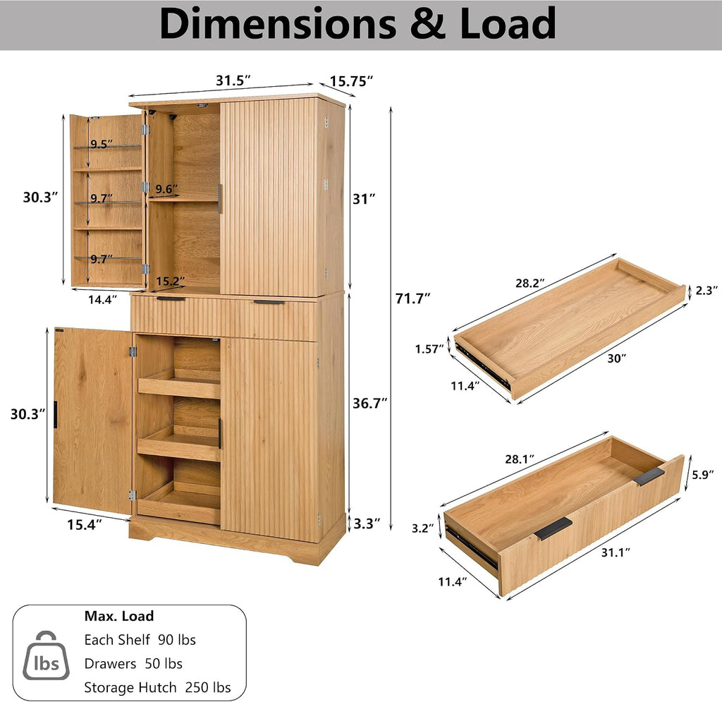 72" Fluted Kitchen Pantry Cabinet with 3 Drawers & 6 Door Shelves, Oak | Freestanding Cupboard Storage Cabinet with Adjustable Door Shelves & Smooth Slide-Out Drawers Magnetic Door Closure