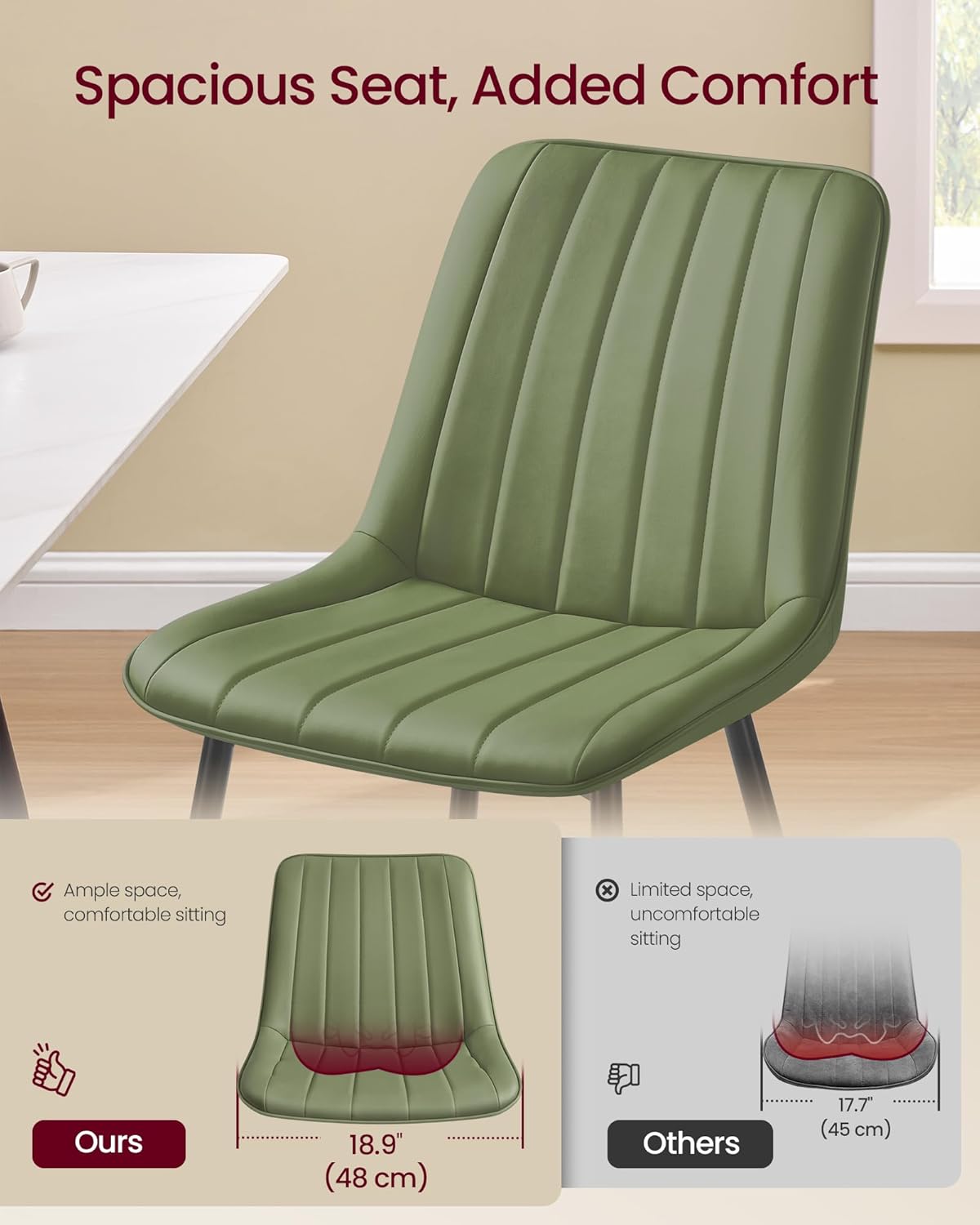 VASAGLE Dining Chairs Set of 2, Upholstered Kitchen Chairs, PU Leather | Steel Legs, Curved Backrest, for Dining Room, Forest Green and Ink Black ULDC090CH02
