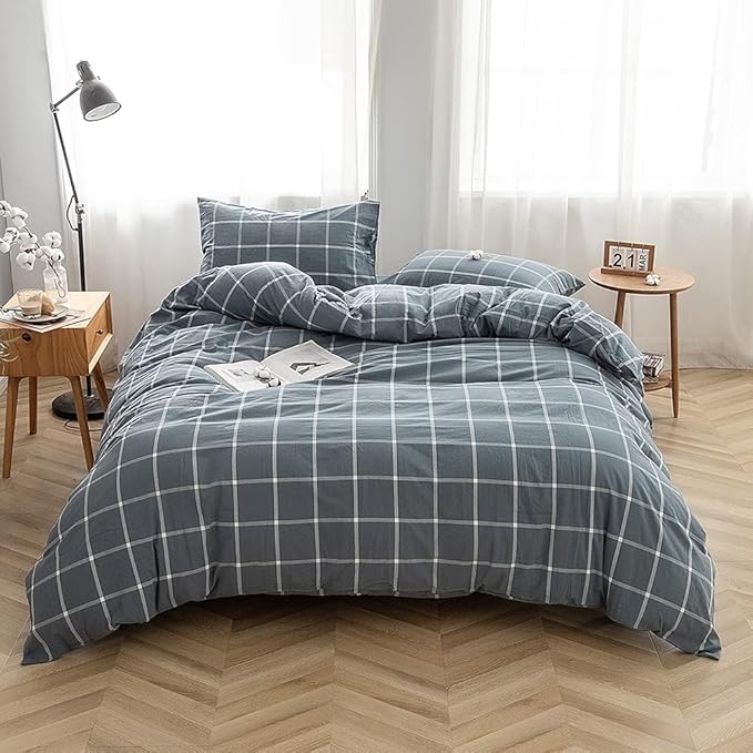 FACE TWO FACE Bedding Duvet Cover Set 3 Pieces 100% Washed Cotton Duvet Cover Linen Like Textured Breathable Durable Soft Comfy (King, Grey Green Grid)