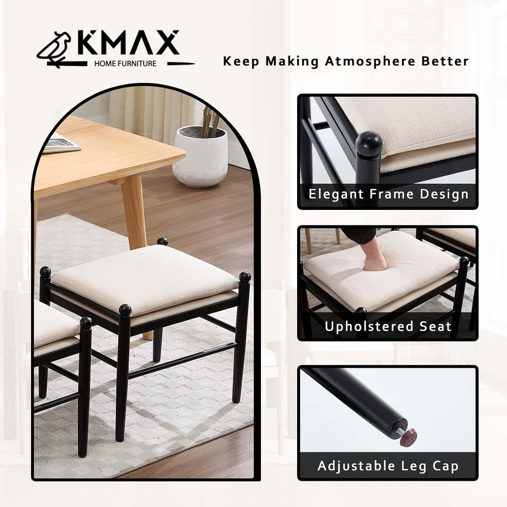 Kmax Ottoman Bench, 19 Inch Tall Vanity Makeup Chairs No Wheels, Upholstered Ktichen Chairs Backless Wooden Side Chairs for Dining Room, Extra Seating for Living Room - Linen, White