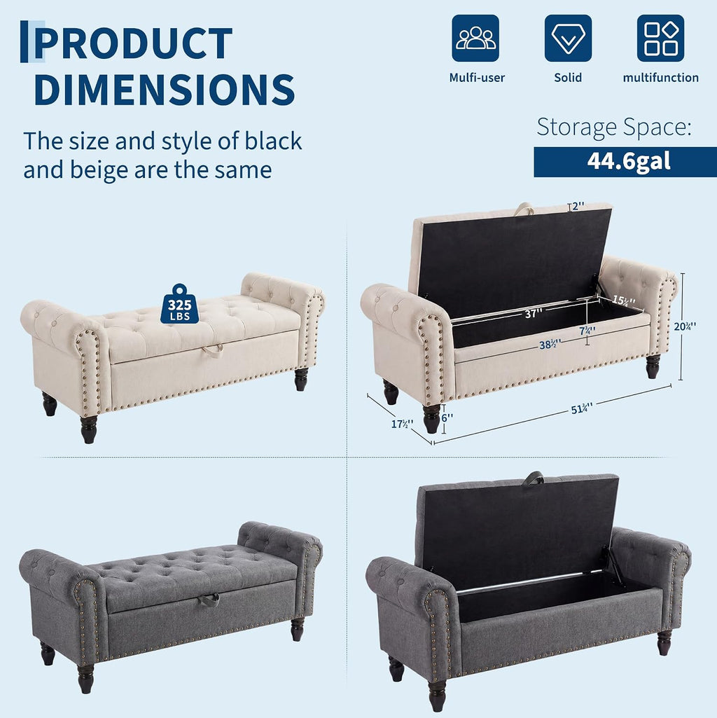 51in Bedroom Storage Bench for End of Bed, Upholstered Ottoman Bench with Button Tufted Design and Rolled Arms, Anti Cotton and Linen Entryway Bench with Safety Hinge for Living Room, Closet, Gray