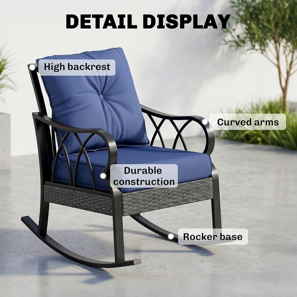 Outsunny 2 Piece Outdoor Wicker Rocking Chairs with Padded Cushions, Aluminum Furniture Rattan Porch Rocker Chairs w/Armrest for Garden, Patio, and Backyard, Blue