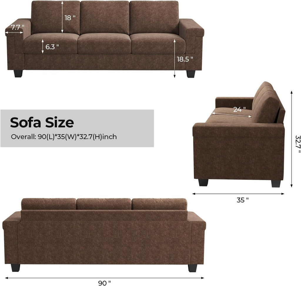 COPIAE 3 Seater Sofa Couch with Deep Seat, 90" Modern Upholstered Sofa with Armrests, Easy Installation, Comfy Couches for Living Room, Apartment,Dark Brown