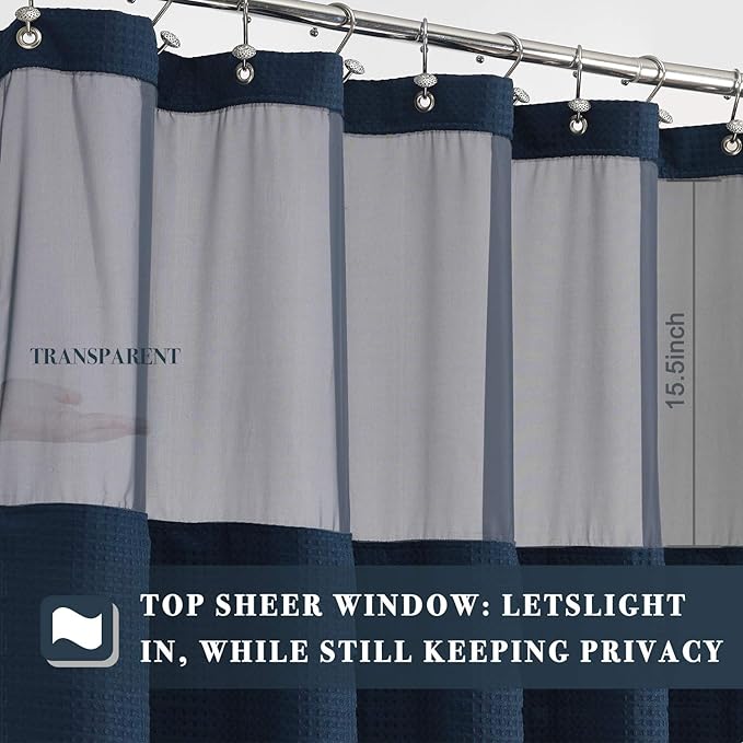 N&Y HOME Waffle Weave Shower Curtain with Snap-in Fabric Liner & Metal Hooks Set - Hotel Style, Mesh Top Window, Water-Repellent & Washable - 71x72, Navy Blue