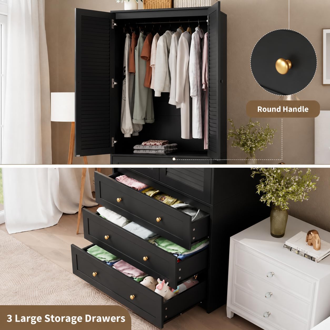 GarveeHome 70" Wardrobe Armoire Wooden Closet with 3 Drawers, Black