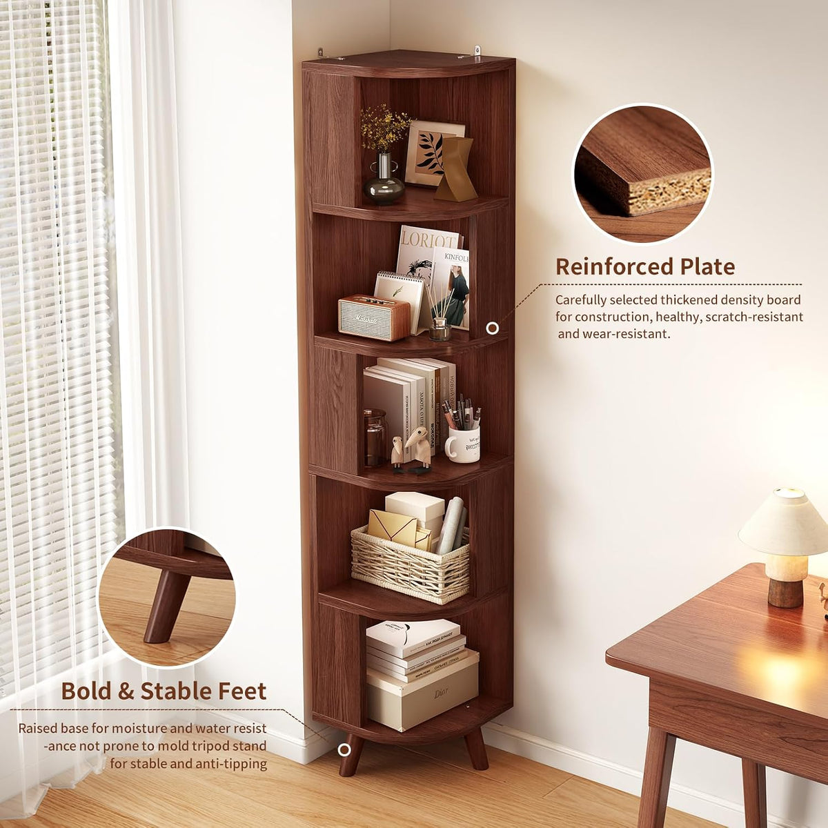 5-Tier Corner Bookshelf, Modern Corner Shelf, Freestanding Bookcase Corner Cabinet Storage Display Shelf Organizer for Living Room Home Office Bedroom Kitchen