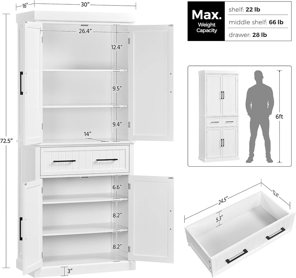 Topeakmart 72.5" H Freestanding 4-Door Kitchen Storage Cabinet,Black | Microwave Oven Stand Pantry Cabinet with S Hooks and Hutch,Freestanding Kitchen Shelves Spice Rack