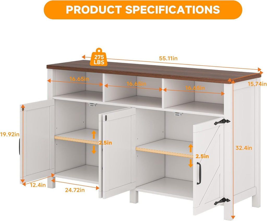 knoworld Buffet Sideboard with Storage Farmhouse with 4 Doors, 55'' Large Kitchen Storage Cabinet Wood Coffee Bar Cabinet Buffet Table with Shelves for Kitchen, Dining Room, Entryway