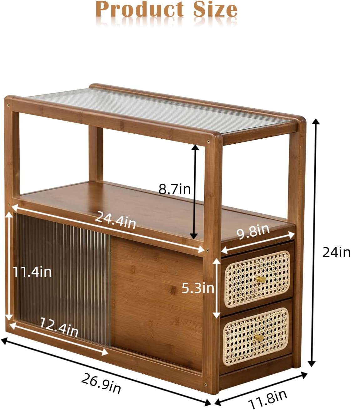 SOBIBO Bamboo Side Table Nightstand with Rattan Drawer & Glass Top – Multi-Function End Table, Nightstands with Storage for Bedroom, Living Room, and Small Spaces, Walnut
