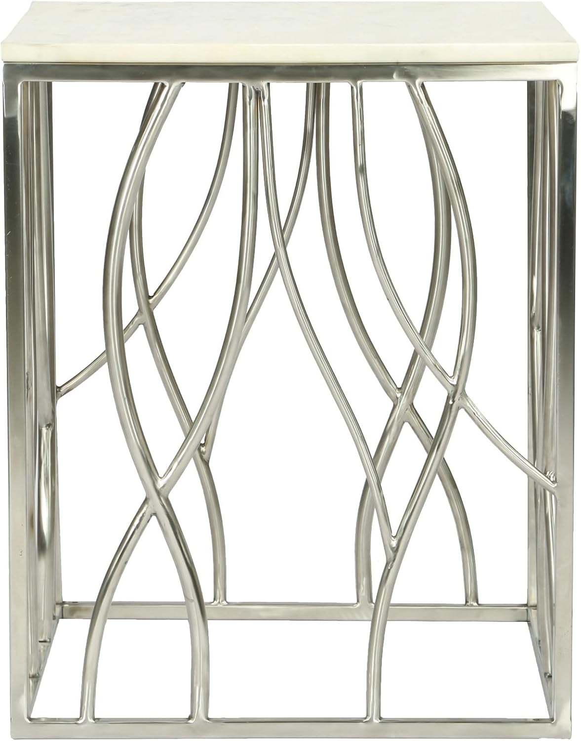 Penau Square Marble End Table, White Marble Top with Natural Gray Veins, Polished Stainless Steel Base with Organic Curves, Dimensions 18W x 18D x 22.5H Inches, Fully Assembled