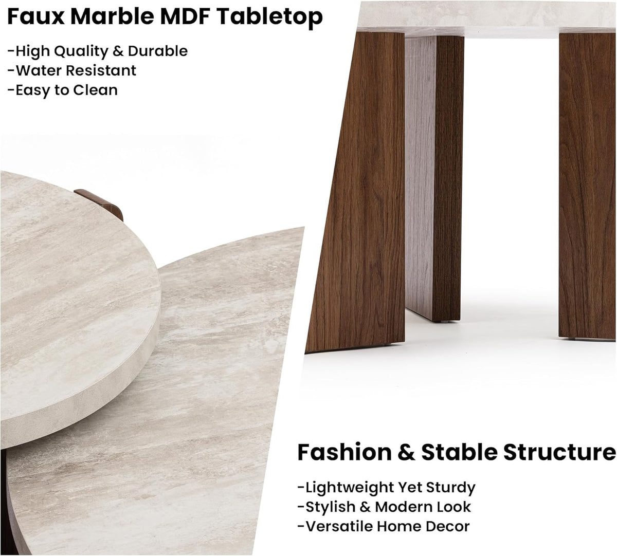 HOMPUS Modern Coffee Table Set of 2, Round Faux Marble Coffee Table and End Table Set, Farmhouse Living Room Table Set with Wooden Legs for Apartment, Small Space, Home Office