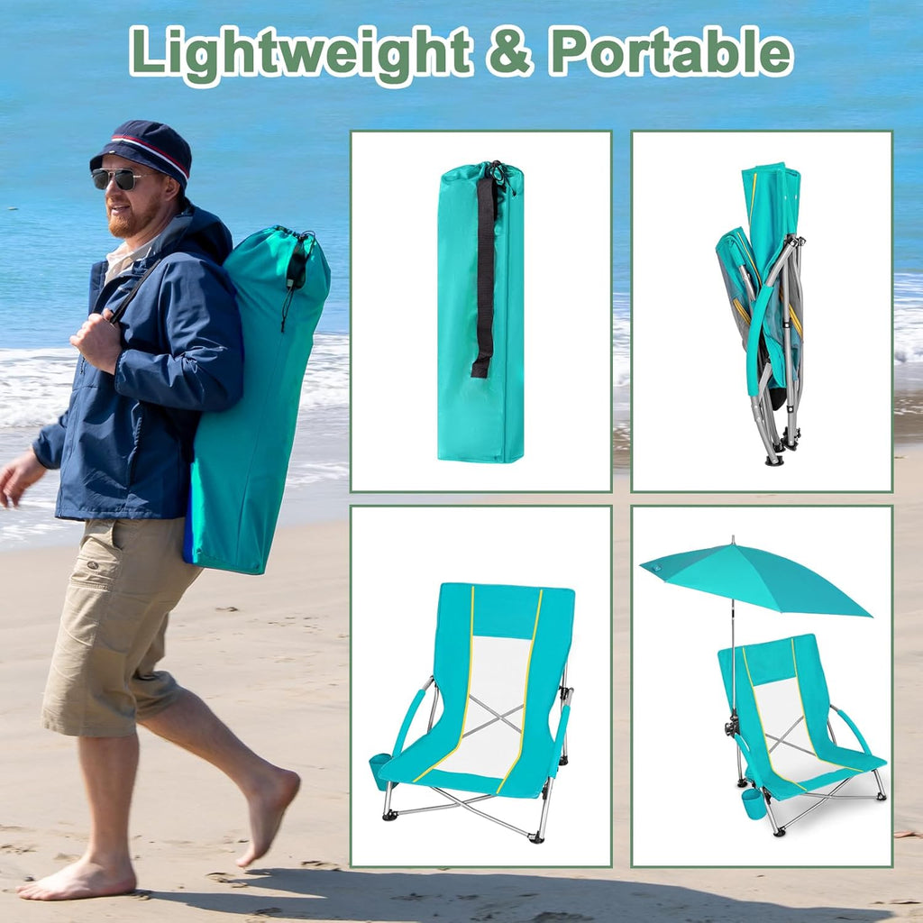 Romswi Beach Chair with Umbrella 2PK, Folding Low Beach Chairs for Adults with Adjustable Parasol, Cup Holder, Breathable Backrest, Comfortable Armrests, Lightweight for Beach & Camping, Green