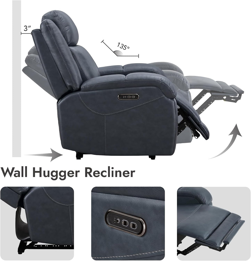 Watson & Whitely Oversized Genuine Leather Power Recliner Chairs for Big and Tall, Wall Hugger Recliner with Power Headrest & Charging Ports, Extra Large Reclining Chair for Living Room, Navy Blue