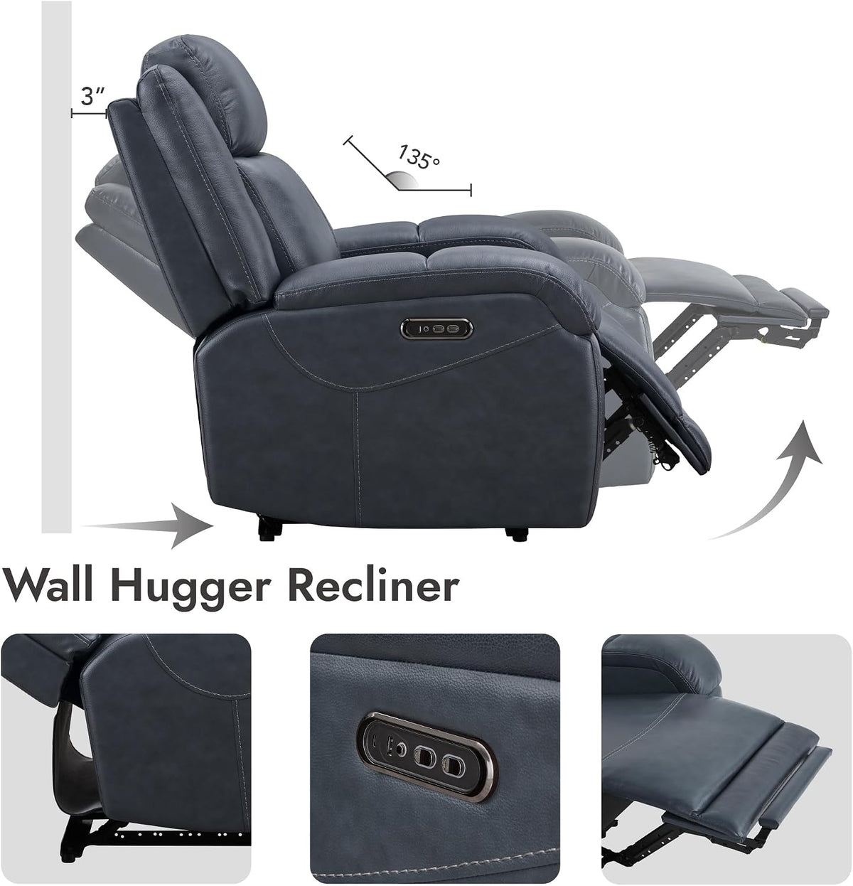 Watson & Whitely Oversized Genuine Leather Power Recliner Chairs for Big and Tall, Wall Hugger Recliner with Power Headrest & Charging Ports, Extra Large Reclining Chair for Living Room, Navy Blue