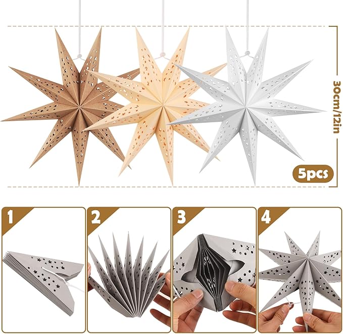EASY JOY 5pcs 9-Pointed Paper Star Decoration Christmas Party Decorations Hanging Star Decoration Grey Brown Black 12 Inch 3D Paper Star Lantern for Christmas Home Party Wedding Birthday