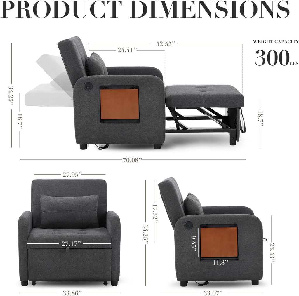 Convertible Sleeper Chair-Fabric Futon Sofa Bed, Single Sleeper Sofa, Small Couch Bed with USB Port, Foldable Table, Pillow, Adjustable Backrest for Dorm/Bedroom/College Darkgrey