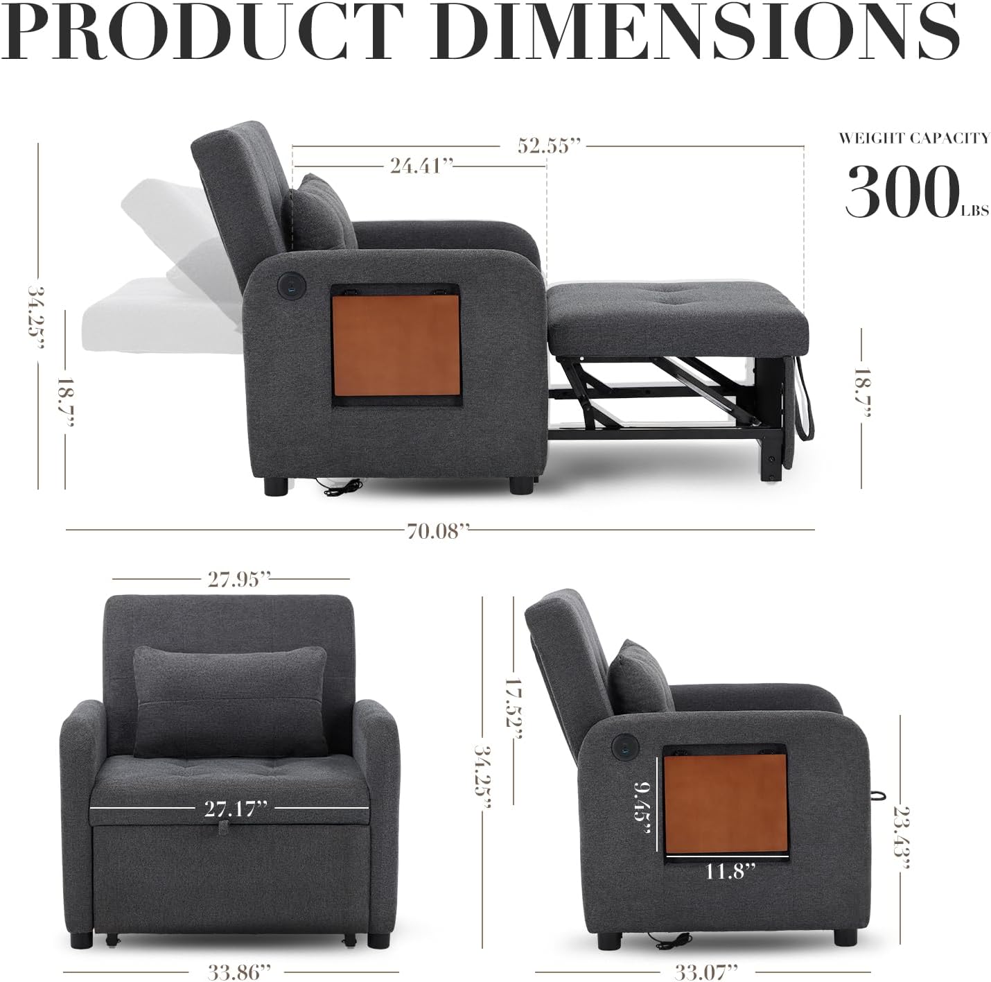 Convertible Sleeper Chair-Fabric Futon Sofa Bed, Single Sleeper Sofa, Small Couch Bed with USB Port, Foldable Table, Pillow, Adjustable Backrest for Dorm/Bedroom/College Darkgrey