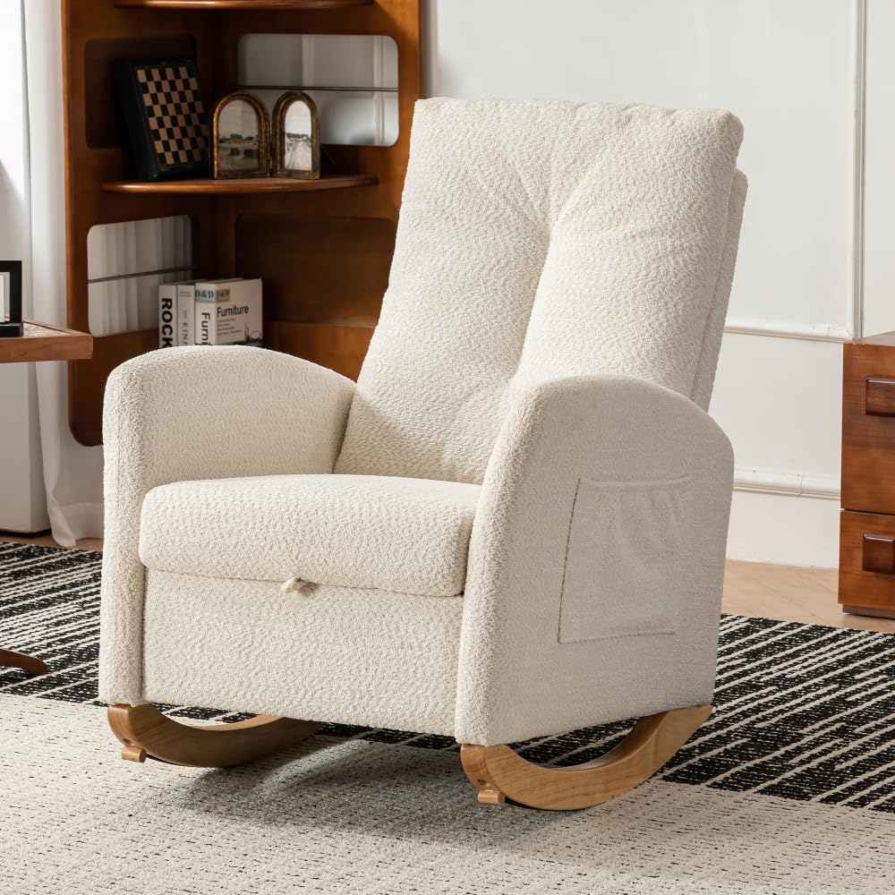 Chair with Footrest High Back Rubber Wood Rocking Legs Bedroom Living Space (Beige + Wood)