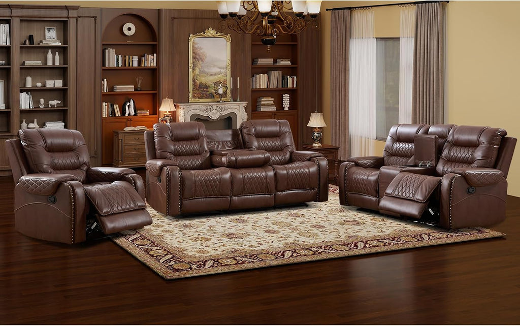 EBELLO 3PCS Faux Leather Recliner Sofa Furniture Set, Included Recliner Chair, Manual Loveseat and 3 Seat Reclining Sofa Couch, Vintage Rivet Mid-Century Modern Design for Living Room, Brown
