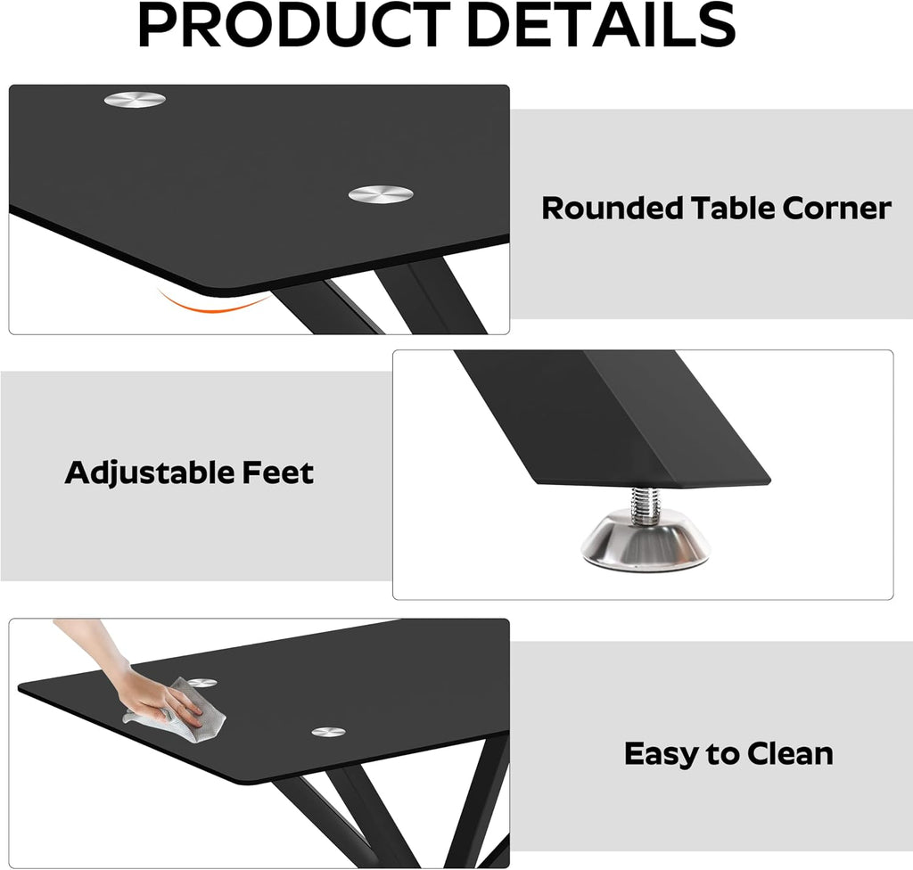 5 Pieces Modern Luxury Glass Dining Set, Minimalist Rectangle Dinner Room Set for 4, 47'' Black Glass Top Kitchen Table Set with Black Tufted Chairs, for Small Apartment Home