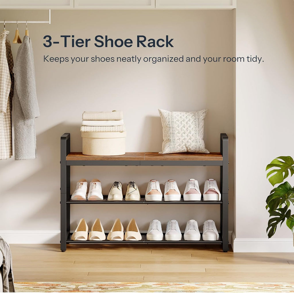HOOBRO Shoe Rack Bench for Entryway, 3-Tier Industrial Shoe Storage Organizer with Wood Top and Side Handles, 29.5" Freestanding Storage Bench for Small Spaces, 220 lb Capacity, Rustic Brown BF32HX01