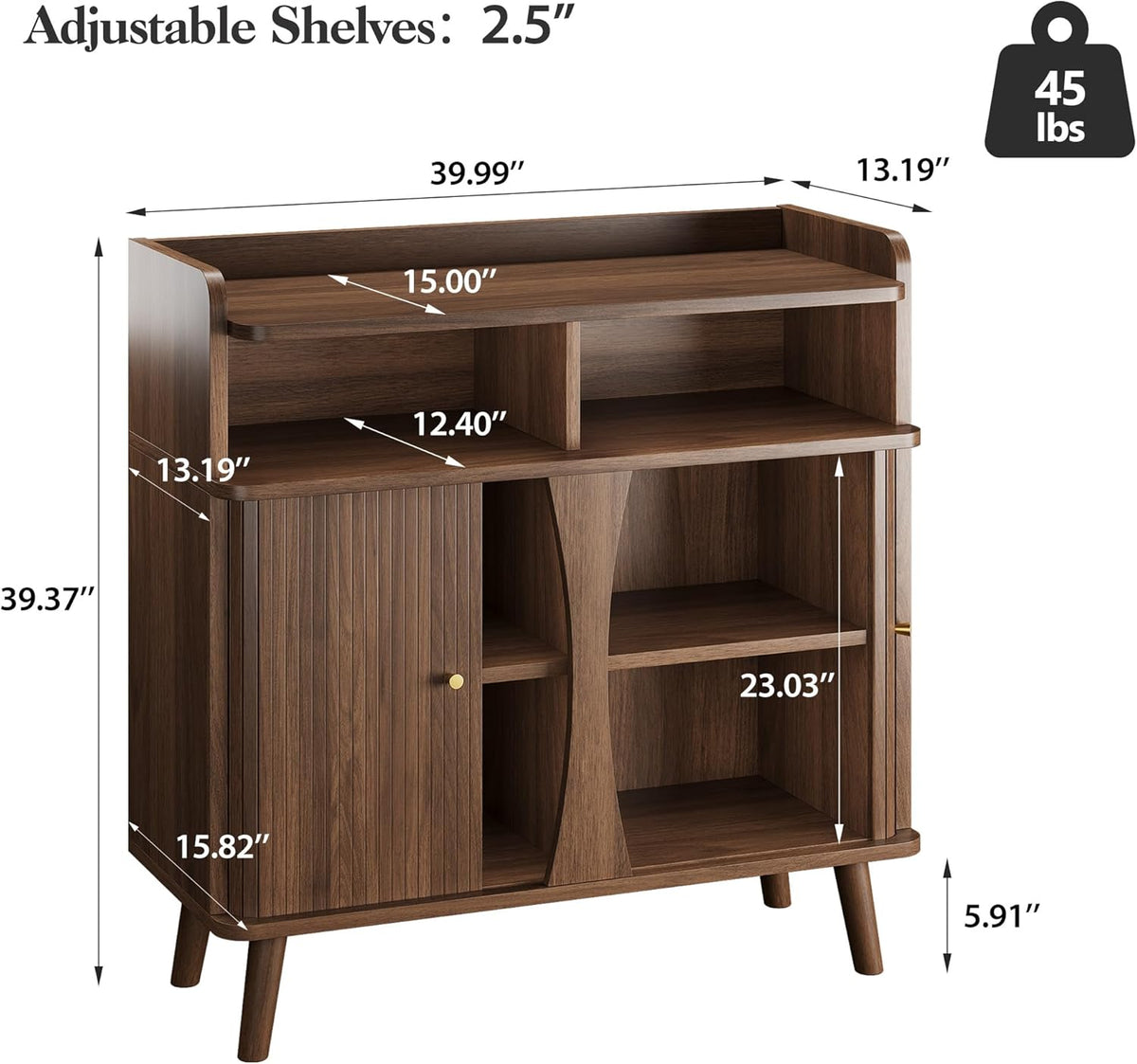 Decofy 39" Buffet Sideboard Cabinet, Mid Century Modern Console Cabinet with Roller Shutter Sliding Doors & Adjustable Shelves for Kitchen Cabinets, Living Room, Entryway, Coffee Bar Cabinet (Walnut)