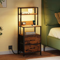 Furnulem Night Stand, Tall Nightstand with 4-Tier Shelves, 2 Fabric Drawers | RGB LED Lights, Bed Side & End Tables with Charging Station, Bedside Table for Bedroom, Office, Dorm Rustic Brown