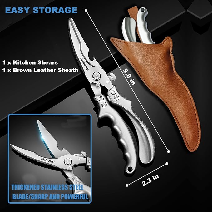 ANDONG Heavy Duty Professional Poultry Shears -Stainless Steel Kitchen & Meat Scissors with Leather Sheath, Dishwasher Safe Spring Loaded Utility Shears for Cooking, Butchering, Cutting