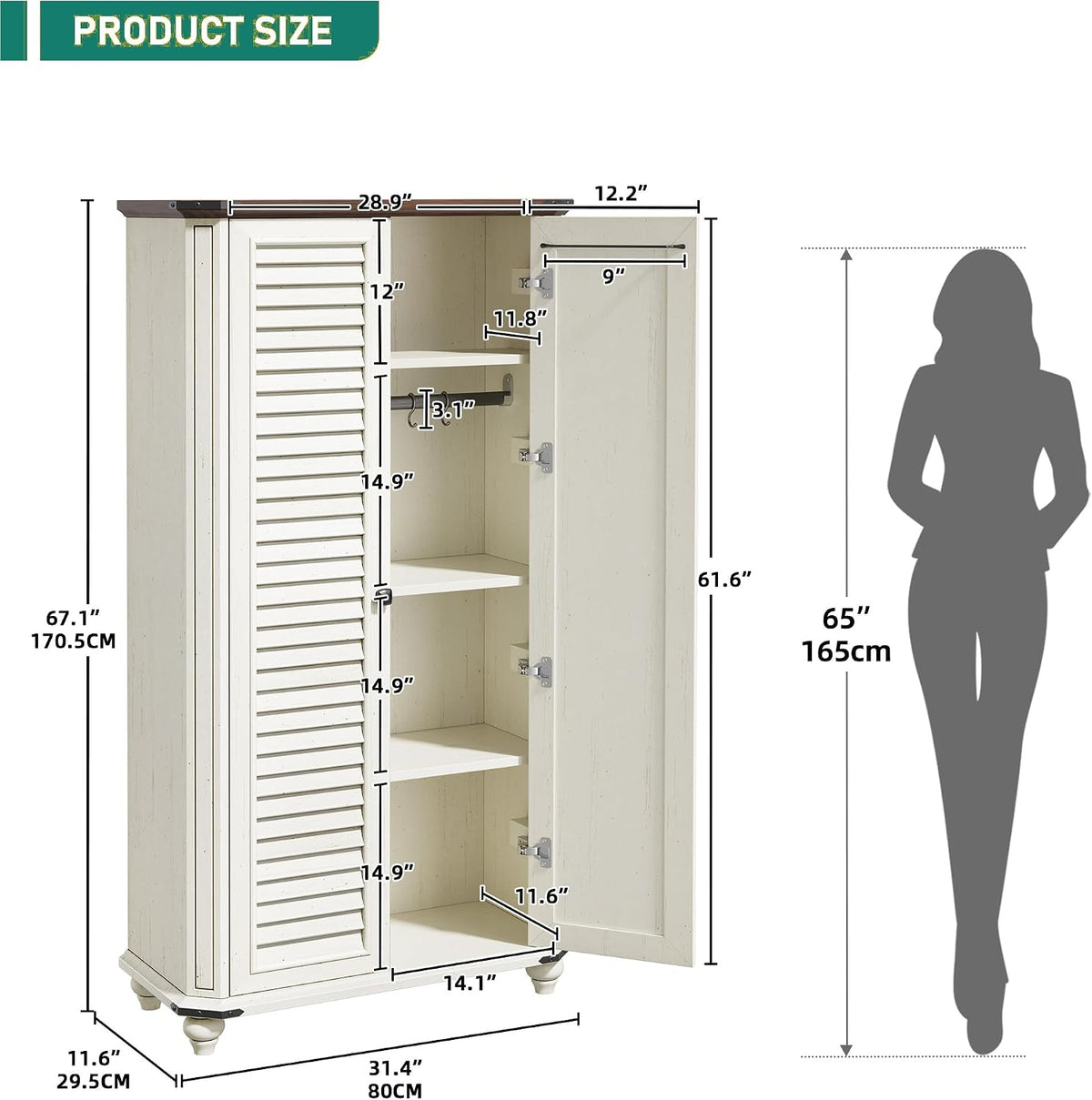 YITAHOME 67" Kitchen Pantry Cabinet, 4 - Tier Cupboard with Adjustable Shelves, Hooks & Detachable Hanging Rods, Buffet Sideboard for Living & Dining Rooms, White