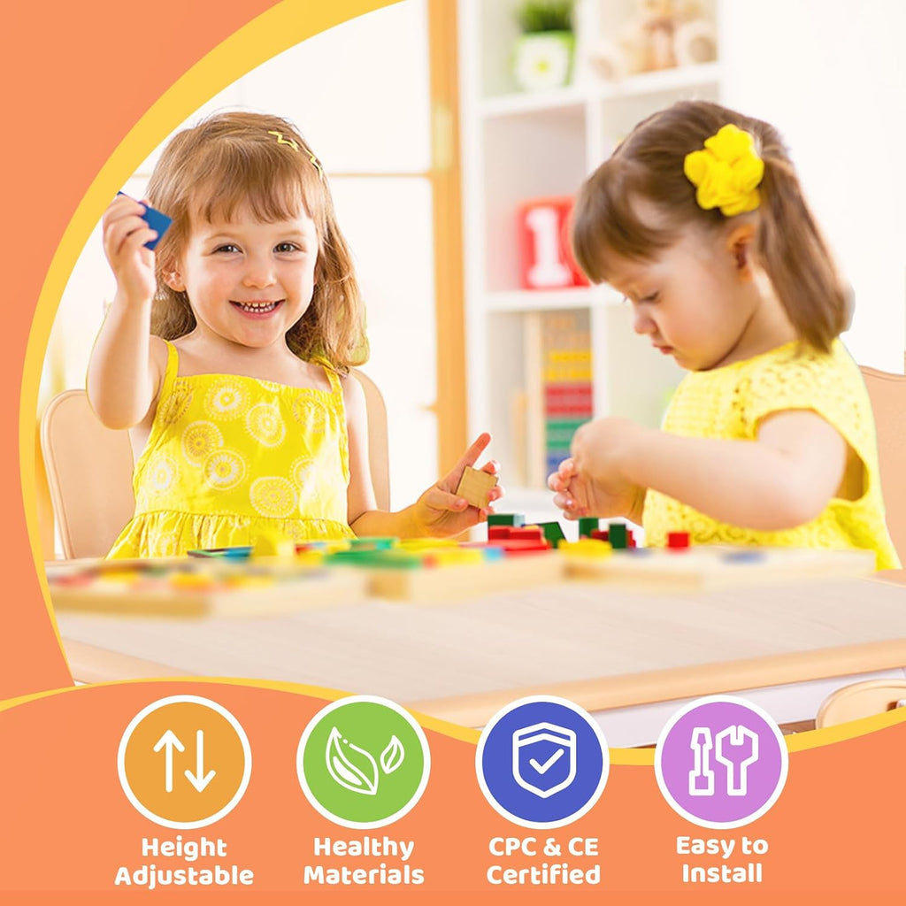 FUNLIO Kids Table and 4 Chairs Set and Adjustable Kids Chair (2pcs), Easy to Wipe Arts & Craftfor Classrooms/Daycares/Homes, CPC & CE Approved - Natural