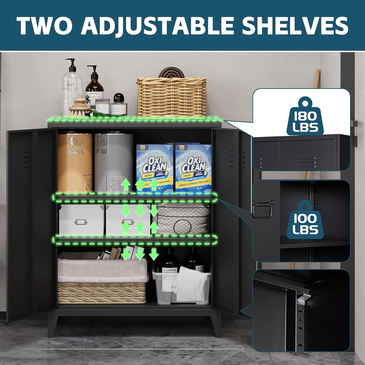 MIIIKO Metal Locker with 2 Doors, Metal Storage Sideboard Accent Cabinets for Kitchen, Pantry, Home Office and Garage