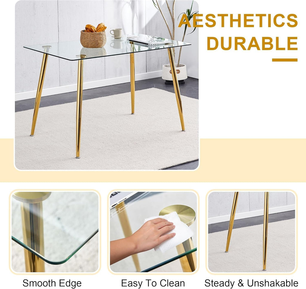 Modern Gold Glass Dining Table Set for 4, 51'' Clear Glass Top Rectangular Dinner Room Table Set, 5 PCS Luxury Kitchen Table Set, Black Woven Chair for Kitchen Apartment Living Room