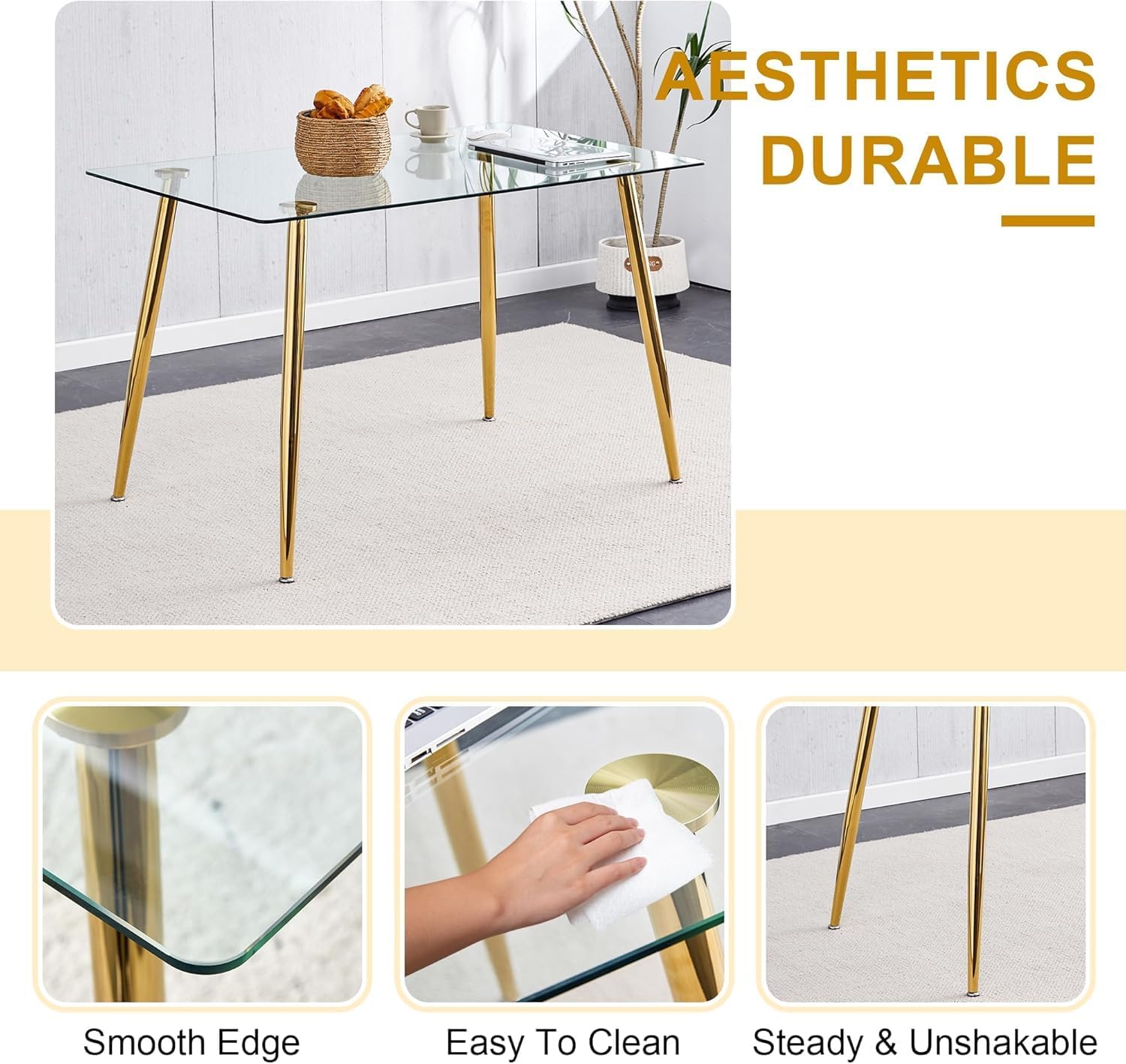 Modern Gold Glass Dining Table Set for 4, 51'' Clear Glass Top Rectangular Dinner Room Table Set, 5 PCS Luxury Kitchen Table Set, Black Woven Chair for Kitchen Apartment Living Room