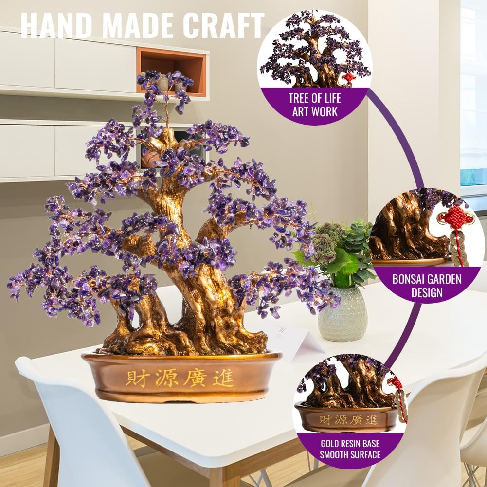 Natural Large Amethyst Tree,18" Amethyst Crystal Bonsai Tree(1300 Gemstone Count) Chakra Tree with Healing Properties Crystal Feng Shui Money Tree of Life for Positive Energy Good Luck Wealth