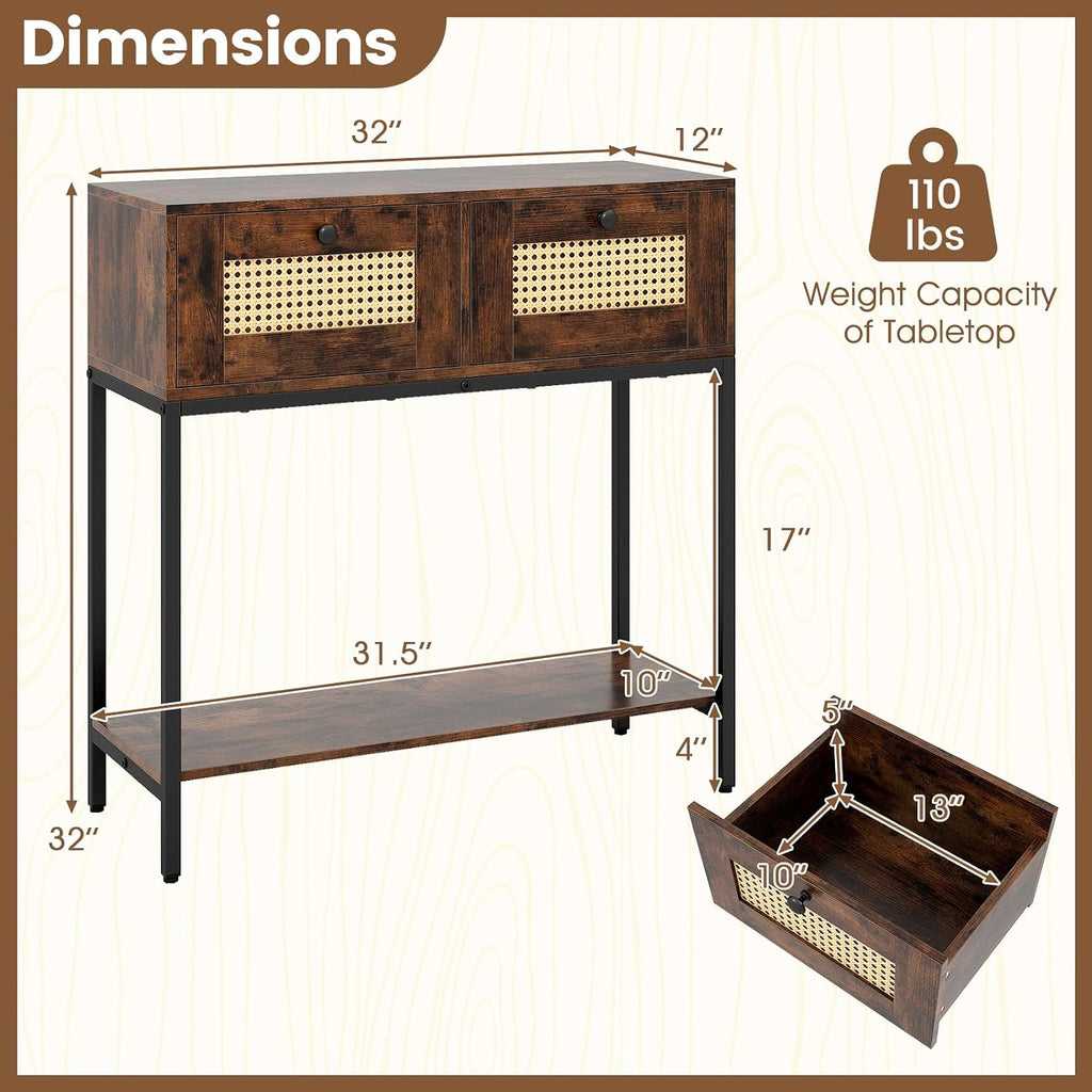 GOFLAME Rattan Console Table, Boho Entryway Table with 2 Drawers & Open Storage Shelf, Narrow Long Sofa Table with Metal Legs, Foyer Table Behind Couch Table for Living Room, Hallway, Rustic Brown