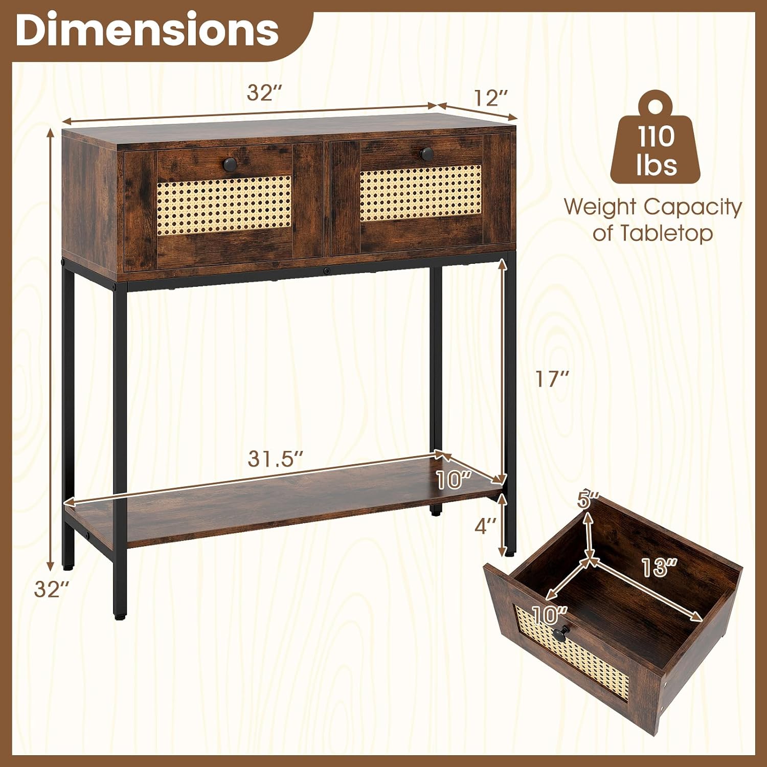 GOFLAME Rattan Console Table, Boho Entryway Table with 2 Drawers & Open Storage Shelf, Narrow Long Sofa Table with Metal Legs, Foyer Table Behind Couch Table for Living Room, Hallway, Rustic Brown