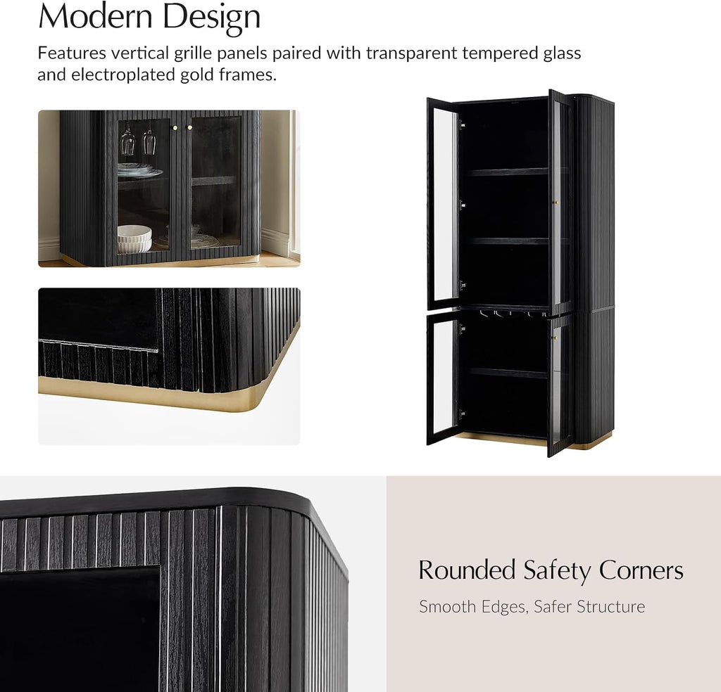 HULALA HOME Modular Display Storage Cabinet, 79.5" Tall Fluted Bookcase with Glass Doors, Modern Pantry Cabinet for Dining Room Home Office Living Room, Black