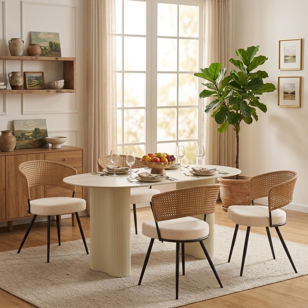Rattan Dining Chairs Set of 4, Wing Back Dining Chairs Set of 4, PE Wicker Chairs, Cane Back Kitchen Chair with Boucle Cushion,Boucle Seat with Metal Legs for Kitchen, Bedroom