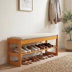 Giantex Shoe Rack Bench with Storage, Rubberwood Entryway Bench with Linen Seat Cushion, Flip-Open Storage, 2-Tier Modern Shoe Rack Organizer for Entryway, Living Room, Bedroom (Beige)