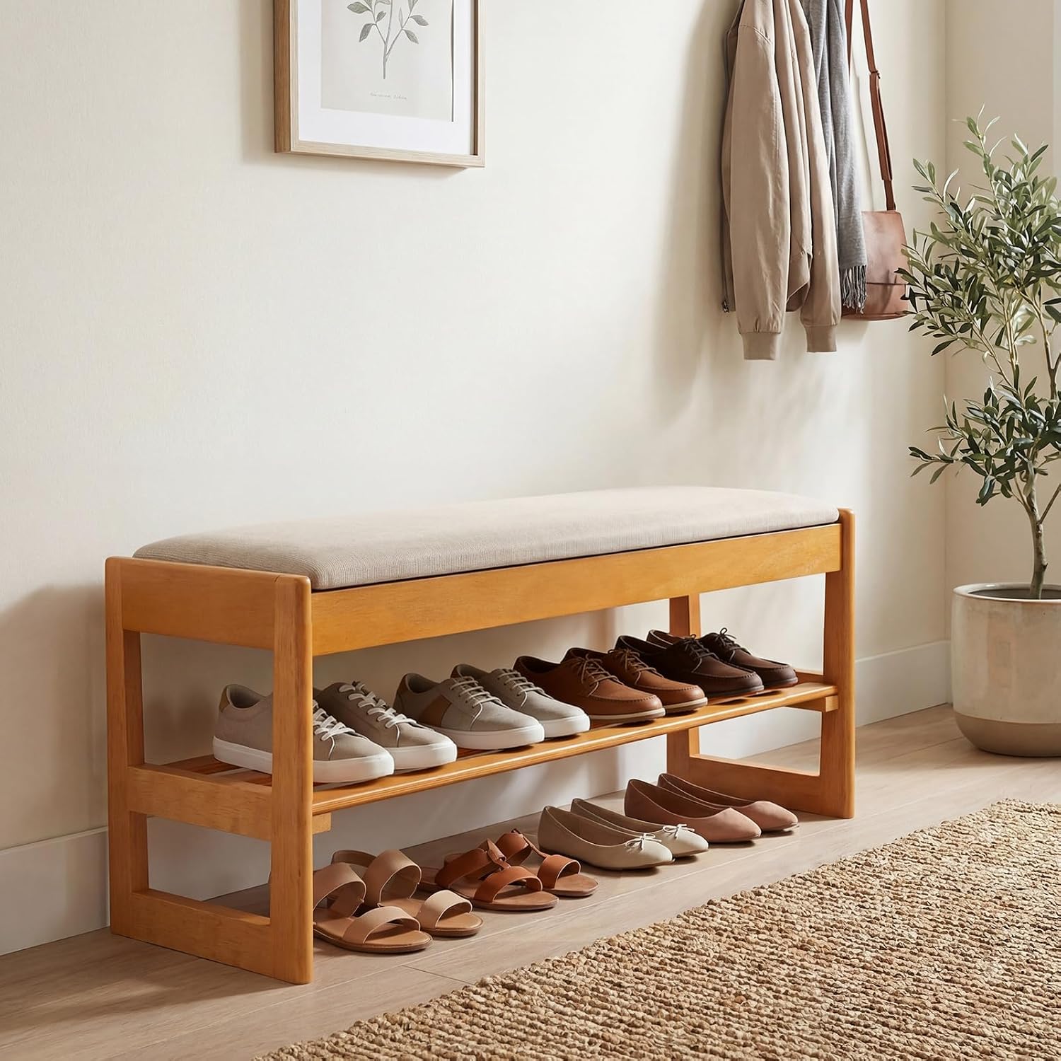 Giantex Shoe Rack Bench with Storage, Rubberwood Entryway Bench with Linen Seat Cushion, Flip-Open Storage, 2-Tier Modern Shoe Rack Organizer for Entryway, Living Room, Bedroom (Beige)