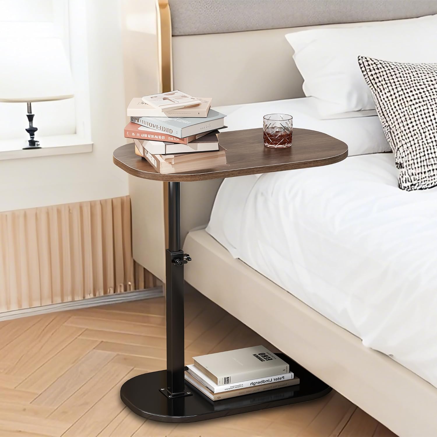 C Shaped End Table Adjustable Height, 360°Swivel Couch Table That Slide Under, Mobile C Shaped Side Table for Bed and Sofa, Rotating C Small Coffee Tables for Small Spaces (Walnut)